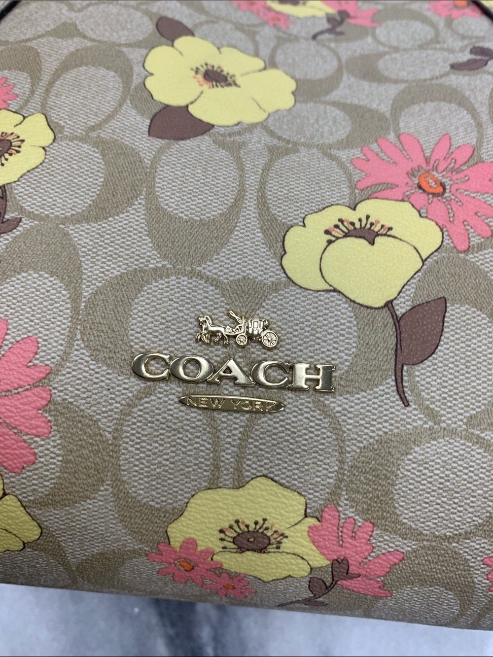 Coach Beige Signature Floral Tote with Yellow & Pink Blooms - Picture 2 of 7